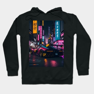 Dark Neon Sports Car in Japanese Neon City Hoodie